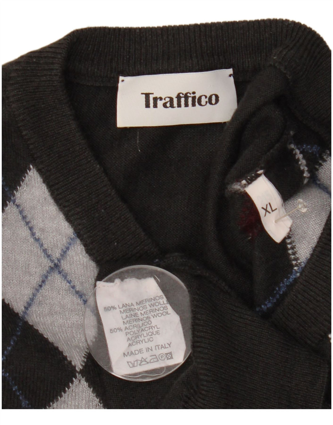 Vintage męski sweter z dekoltem w kształcie litery V XL szary Argyle/diamentowa wełna