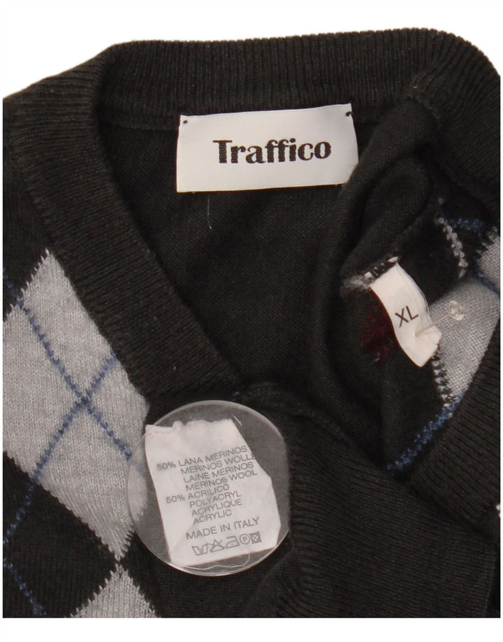 Vintage męski sweter z dekoltem w kształcie litery V XL szary Argyle/diamentowa wełna