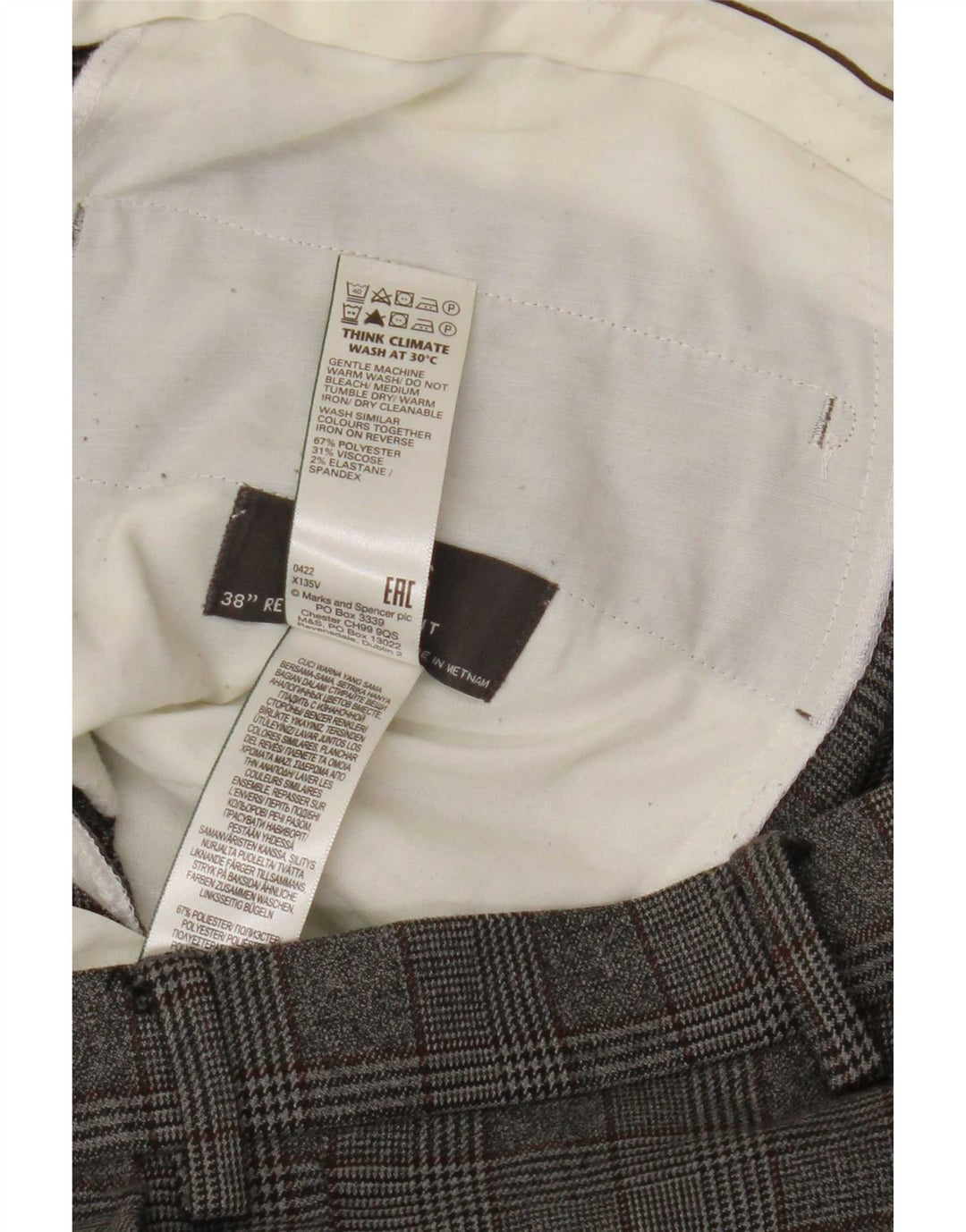 Męskie spodnie garniturowe Marks & Spencer o regularnym kroju W38 L31, szary poliester w kratę