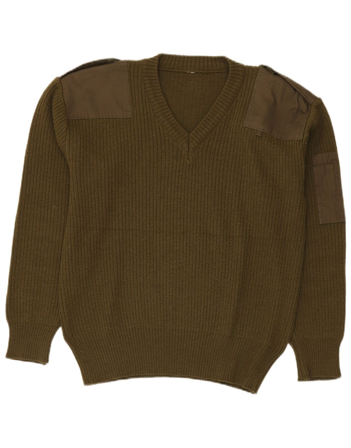 Vintage męski sweter wojskowy z dekoltem w kształcie litery V, średnio zielony