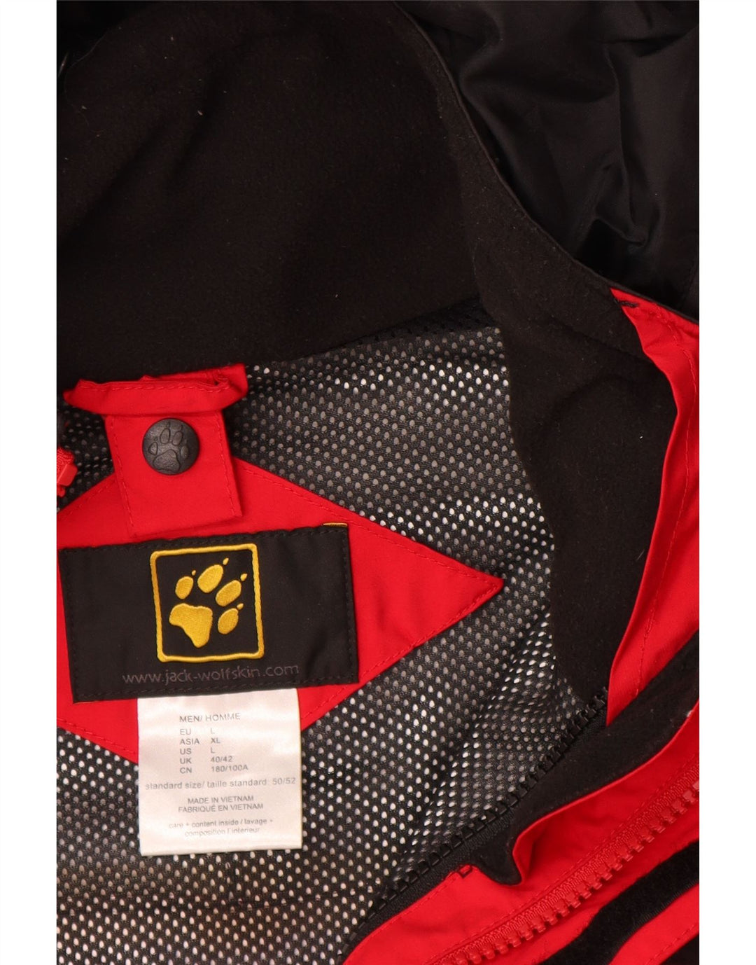 Męska kurtka przeciwdeszczowa z kapturem JACK WOLFSKIN UK 40/42, duża, czerwona, z blokami kolorów