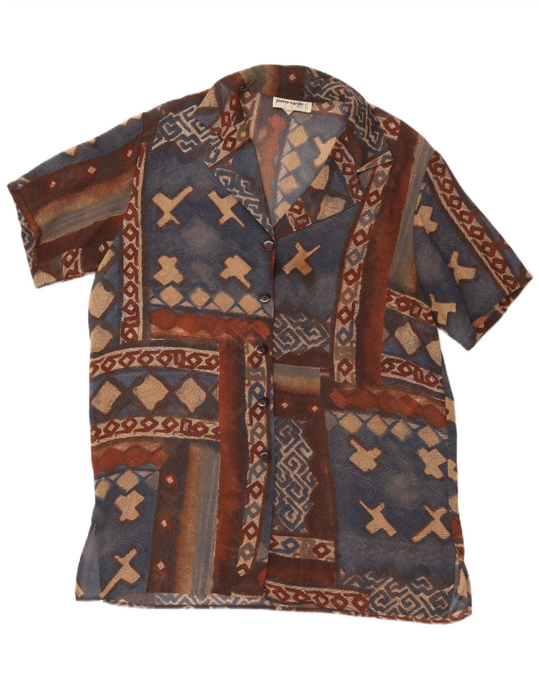 Damska bluzka koszulowa z krótkim rękawem PIERRE CARDIN IT 48 XL, brązowa, geometryczna