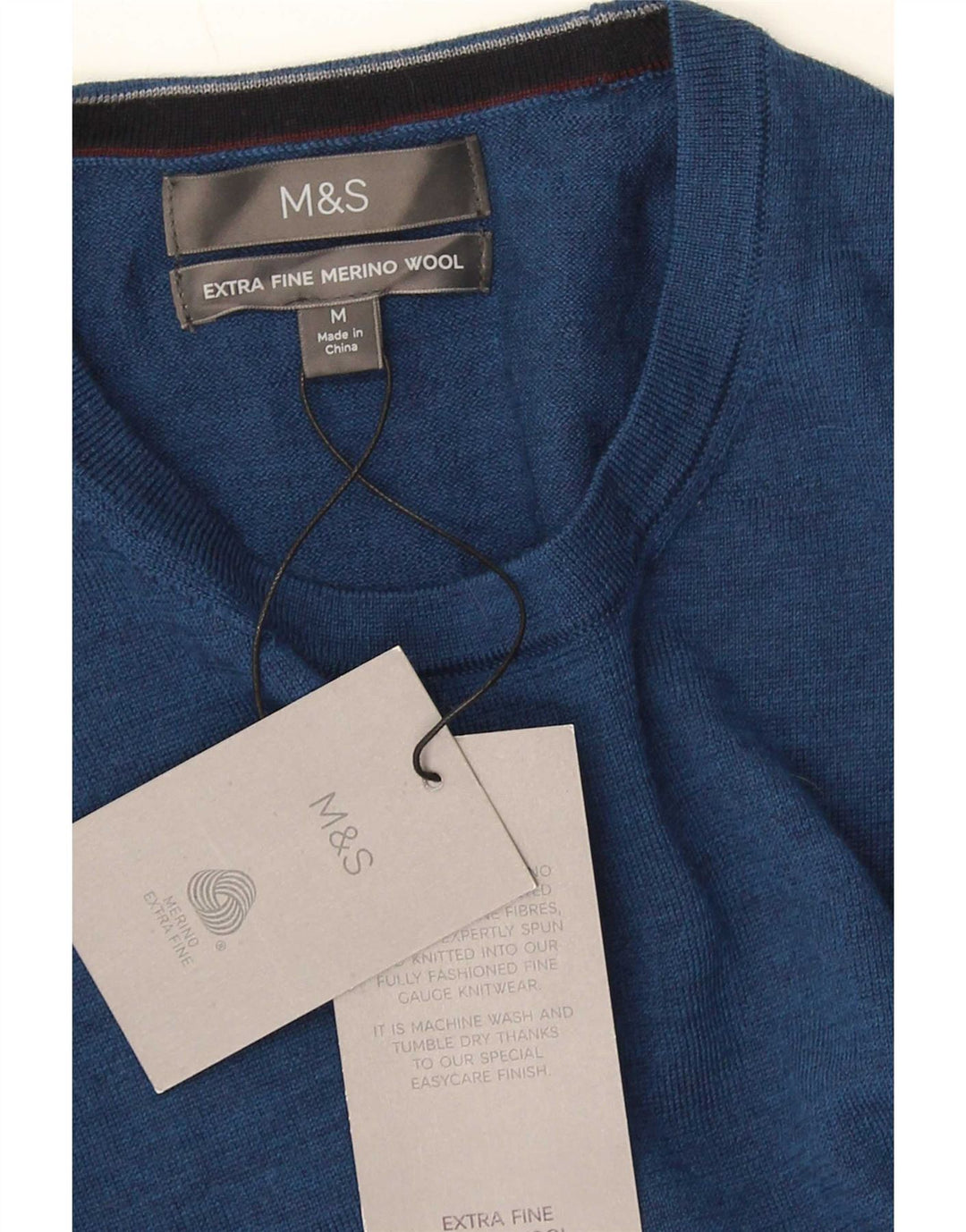 Marks & Spencer Męski sweter z okrągłym dekoltem, średni niebieski, wełna merynosów