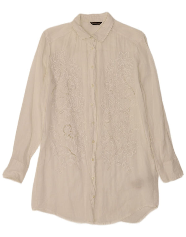 Massimo Dutti Womens Longline Shirt UK 14 Medium Off White Floral Ramie