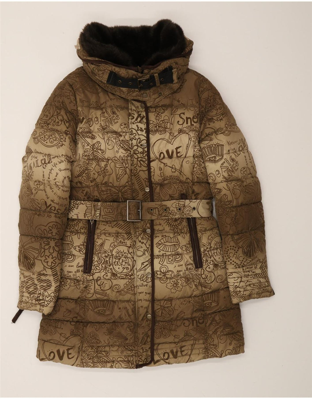 DESIGUAL Damski ocieplany płaszcz z abstrakcyjnym wzorem EU 38 Średni brąz