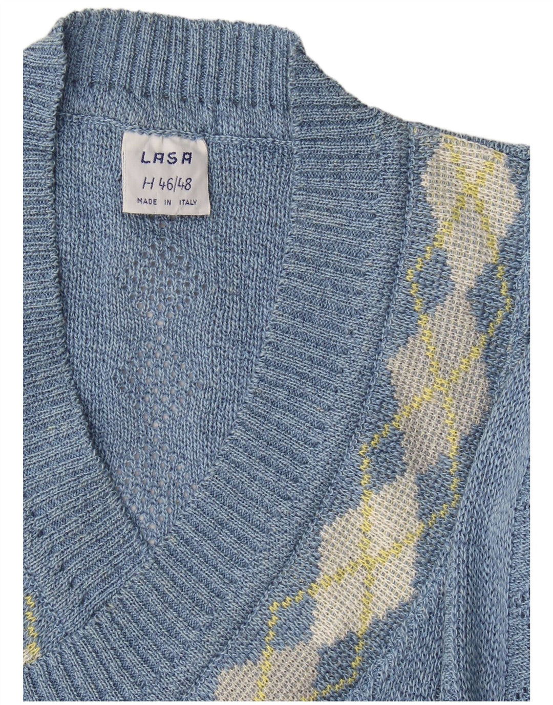 Damski sweter z dekoltem w kształcie litery V, Lasa IT 46/48, duży niebieski Argyle/Diament