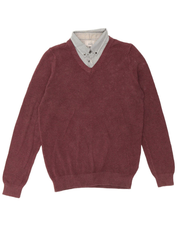 Marks & Spencer Męski sweter polo o regularnym kroju, mały, bordowy