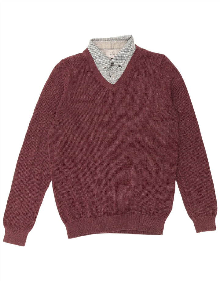 Marks & Spencer Męski sweter polo o regularnym kroju, mały, bordowy