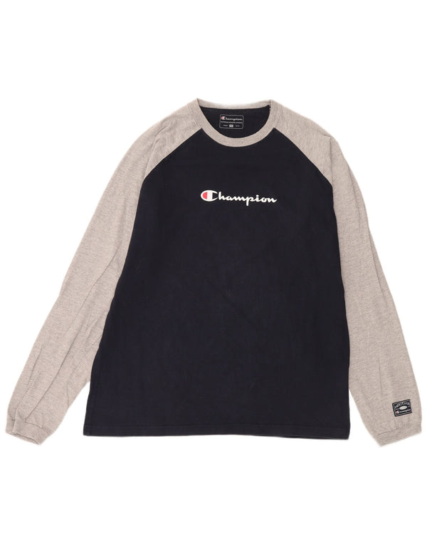 Męski top graficzny Champion z długim rękawem, 2XL, granatowy, bawełniany z blokami kolorów