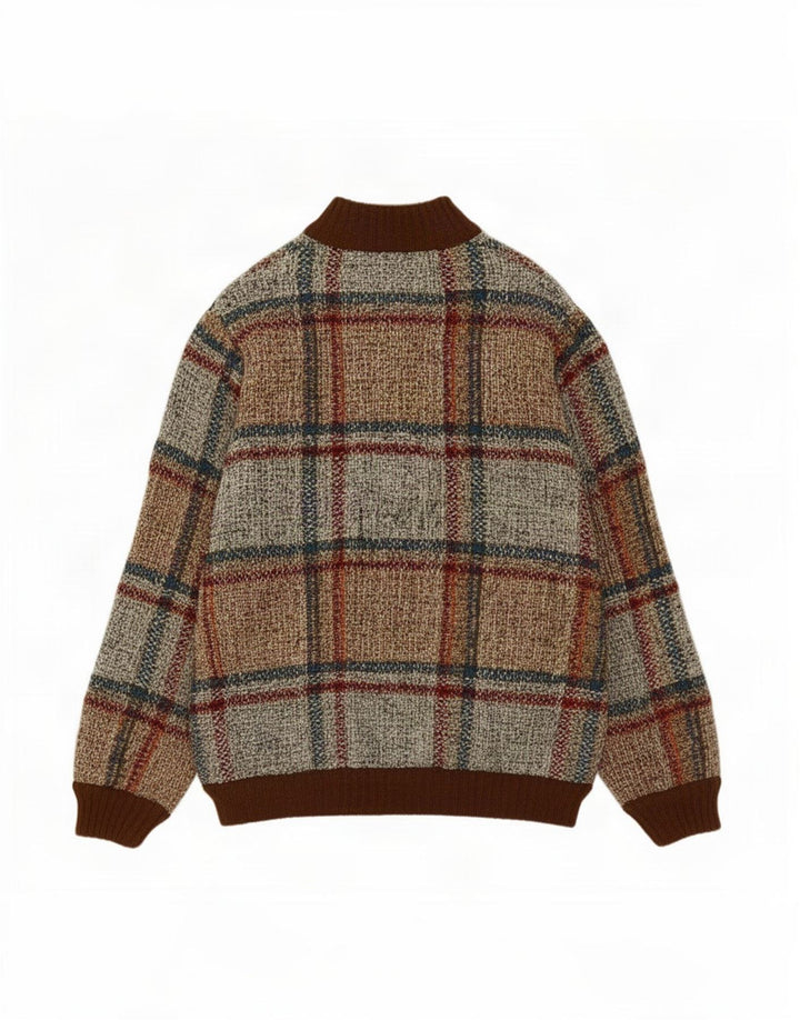 Vintage męski sweter rozpinany w małą brązową kratkę