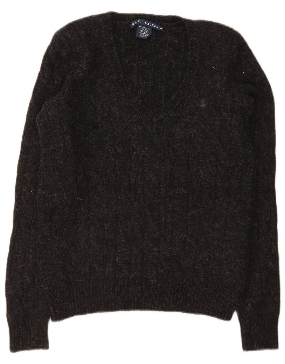 Damski sweter z dekoltem w serek Ralph Lauren UK 12 Średni szary wełniany