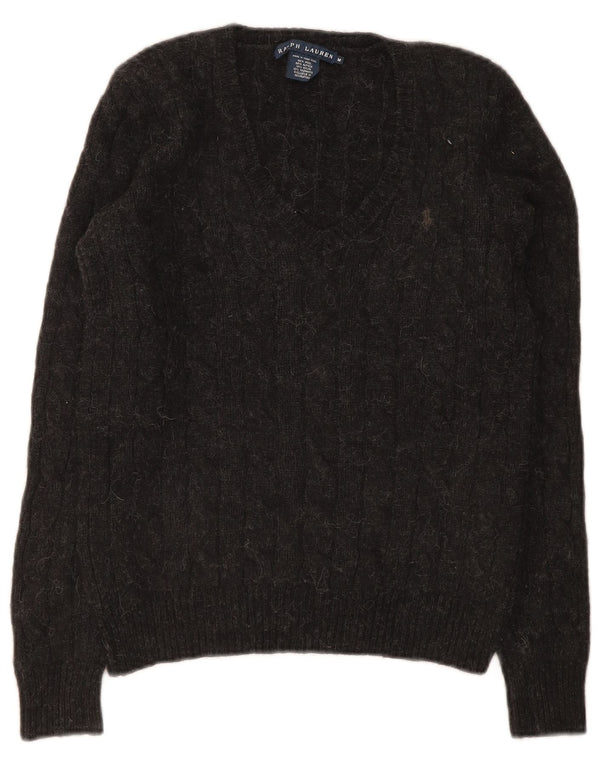 Damski sweter z dekoltem w serek Ralph Lauren UK 12 Średni szary wełniany