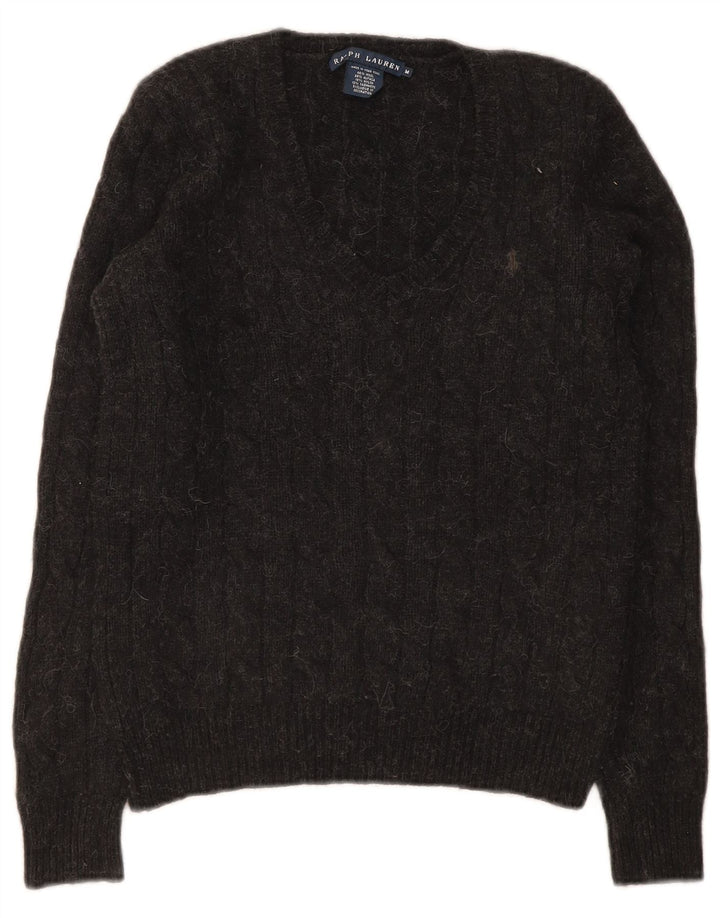 Damski sweter z dekoltem w serek Ralph Lauren UK 12 Średni szary wełniany