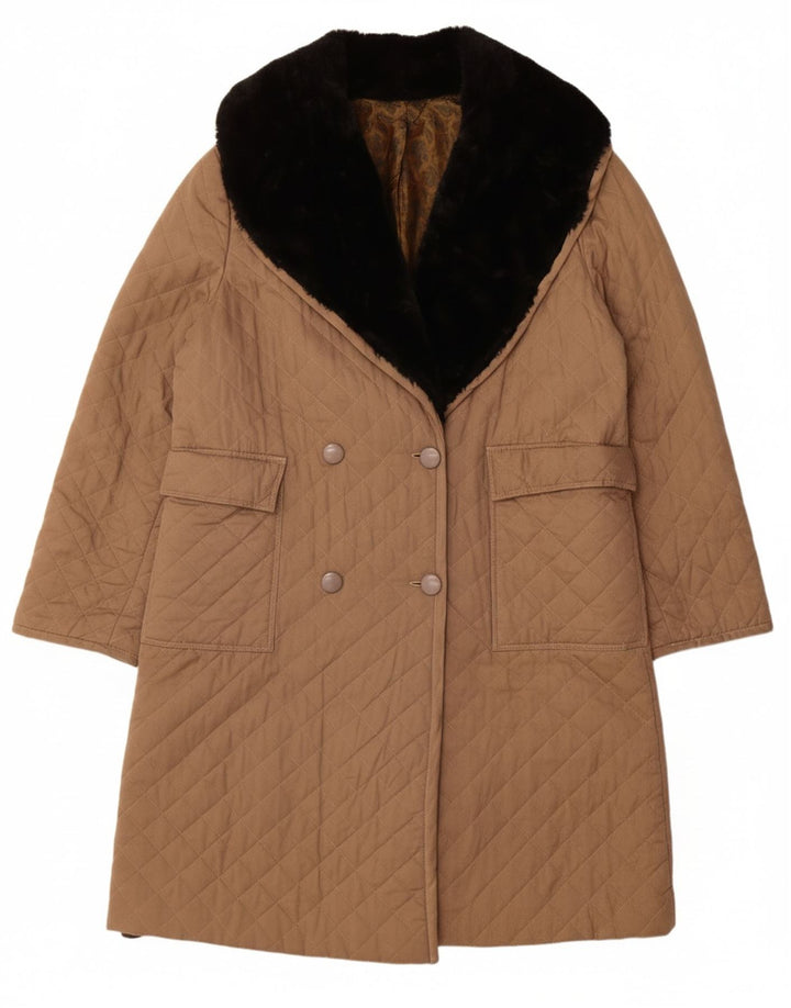 VINTAGE Womens Quilted Double Breasted Coat UK 14 Medium Beige Cotton