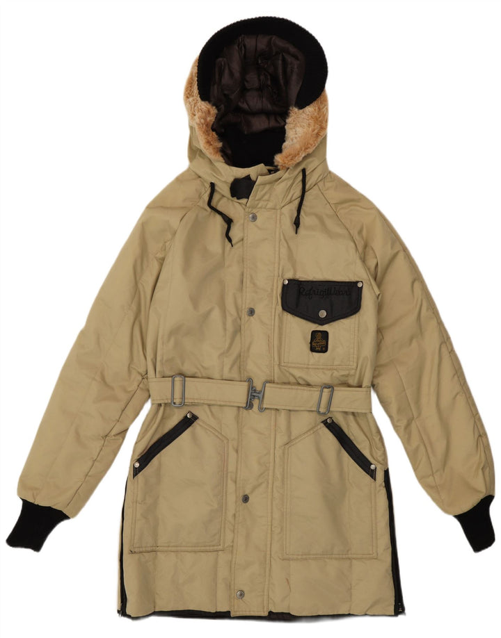 Damska kurtka parka z kapturem Refrigiwear UK 16, duża, beżowa, z blokami kolorów