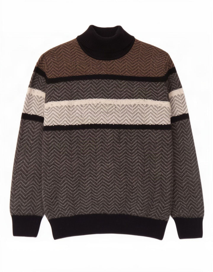 Vintage męski sweter z golfem, duży, szary, wełniany jodełka