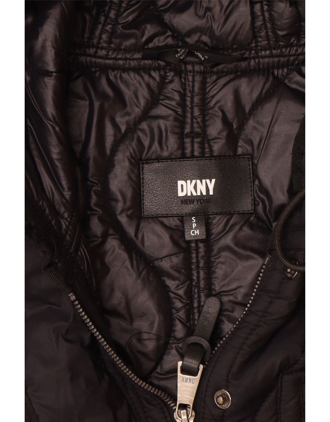 Dkny damski, oversize'owy, pikowany płaszcz z kapturem UK 10, mały, czarny nylon