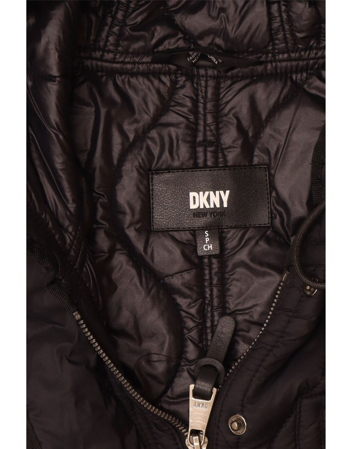 Dkny damski, oversize'owy, pikowany płaszcz z kapturem UK 10, mały, czarny nylon