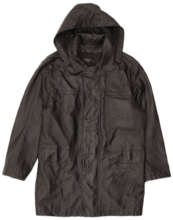 Studio 81 Męski płaszcz skórzany z kapturem IT 54 2XL Czarna skóra