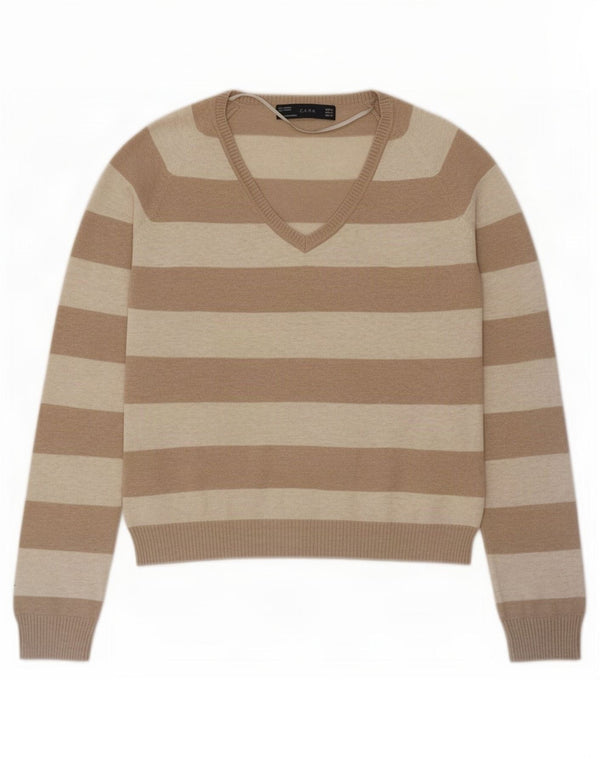Sweter damski Zara z dekoltem w kształcie litery V, UK 14, duży, beżowy, bawełniany w paski