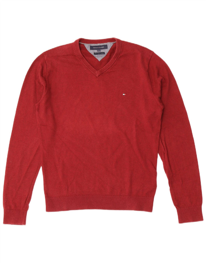 Męski sweter Tommy Hilfiger z dekoltem w kształcie litery V, mały, czerwony, bawełniany
