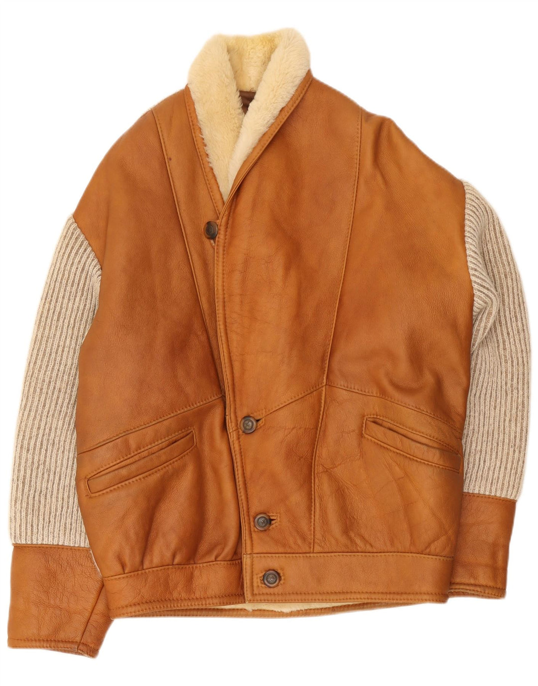 Męska kurtka shearling w stylu vintage IT 50, duży brązowy blok kolorów