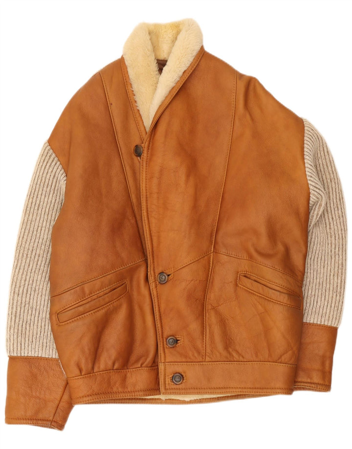 Męska kurtka shearling w stylu vintage IT 50, duży brązowy blok kolorów