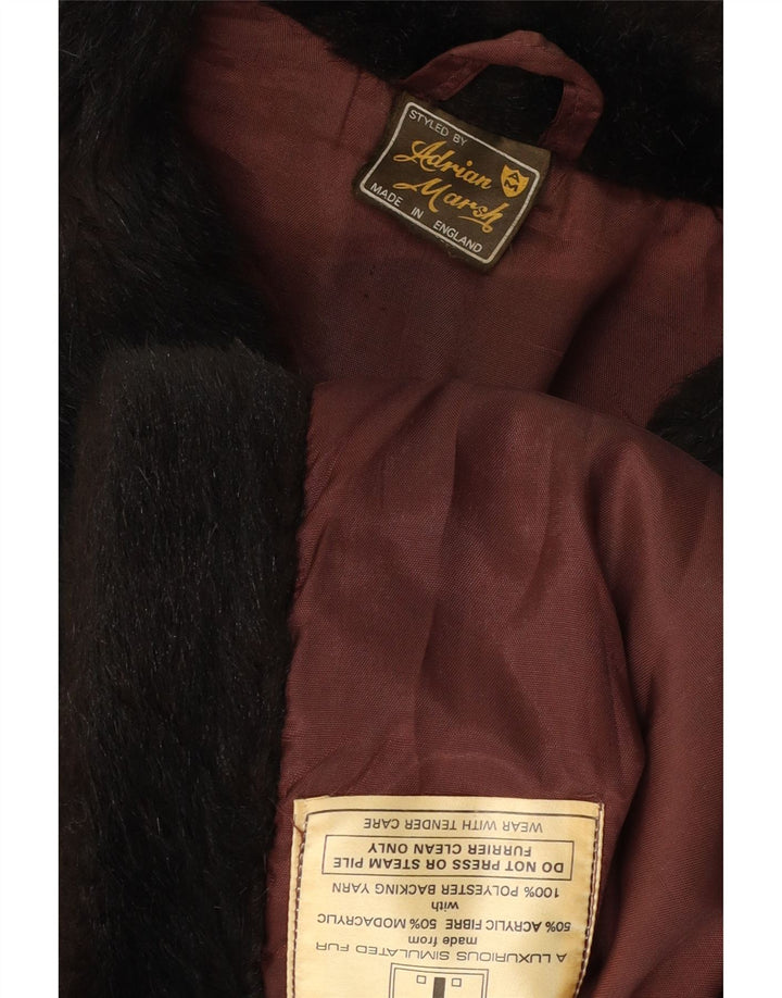 VINTAGE damski płaszcz ze sztucznego futra z podwójnymi piersiami UK 10 mały czarny akryl