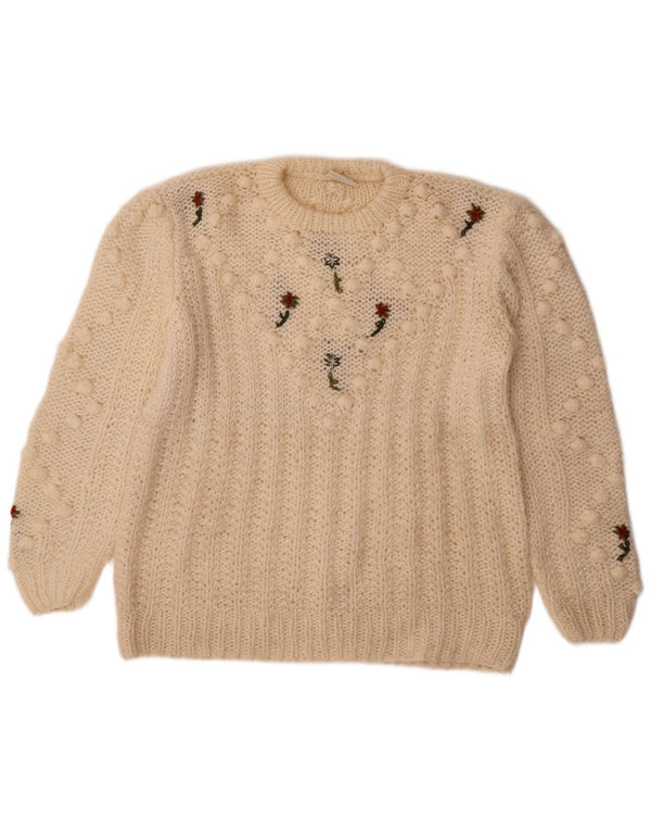 Sweter damski w stylu vintage z okrągłym dekoltem UK 14, średni, w kolorze złamanej bieli, w kwiaty