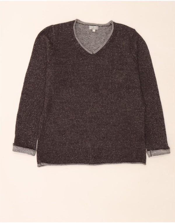 Sweter damski w stylu vintage z dekoltem w kształcie litery V, UK 16, duży, szary, nakrapiany poliakryl