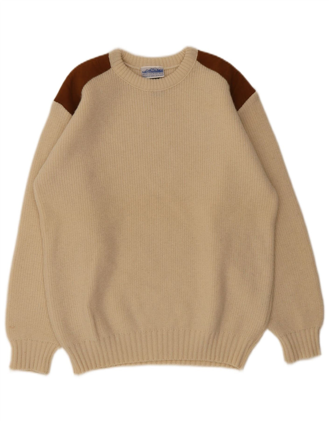 Sweter męski w stylu vintage z okrągłym dekoltem, wełniany, w kolorze średniego beżu