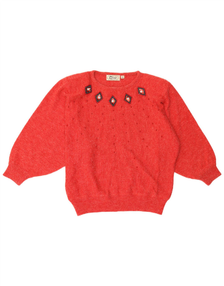 Vintage damski sweter z okrągłym dekoltem, jeden rozmiar, czerwony akryl