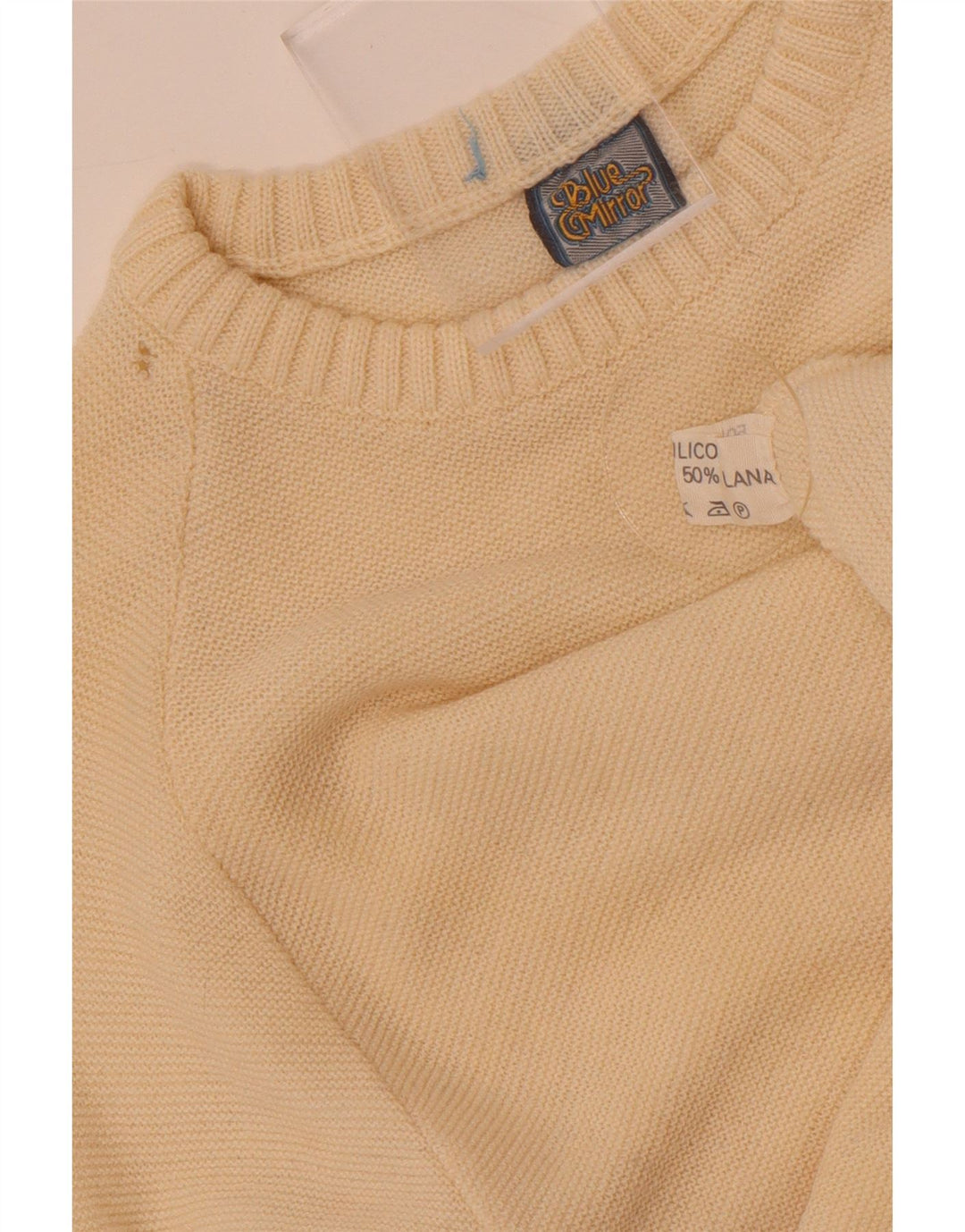 Męski sweter w stylu vintage z wycięciem pod szyją, mały, wełniany w kolorze złamanej bieli