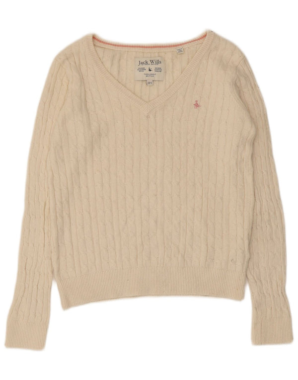 Sweter damski Jack Wills z dekoltem w kształcie litery V, UK 10, mały, beżowy, bawełniany