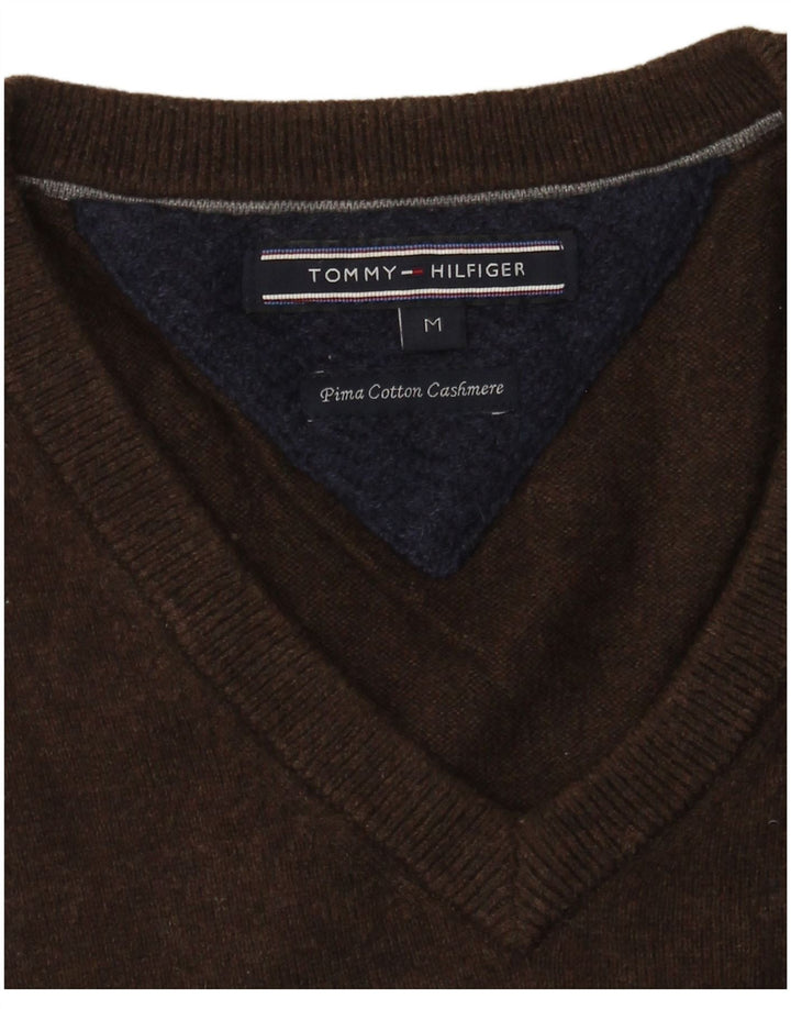 Męski sweter Tommy Hilfiger z dekoltem w kształcie litery V, średniobrązowy, bawełniany