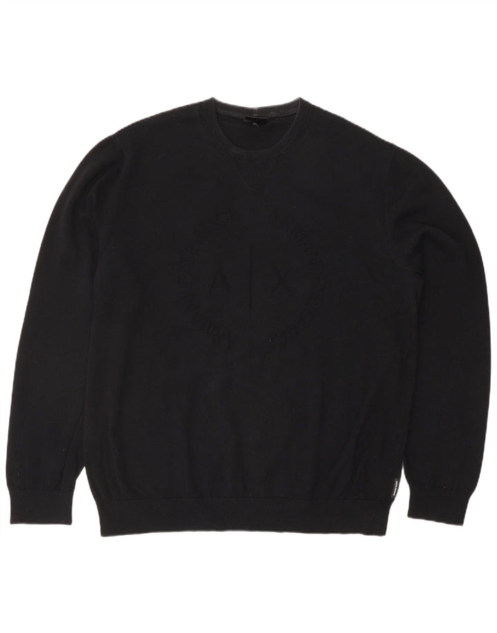 ARMANI EXCHANGE Męski sweter z graficznym wycięciem pod szyją, duży, czarny, bawełniany