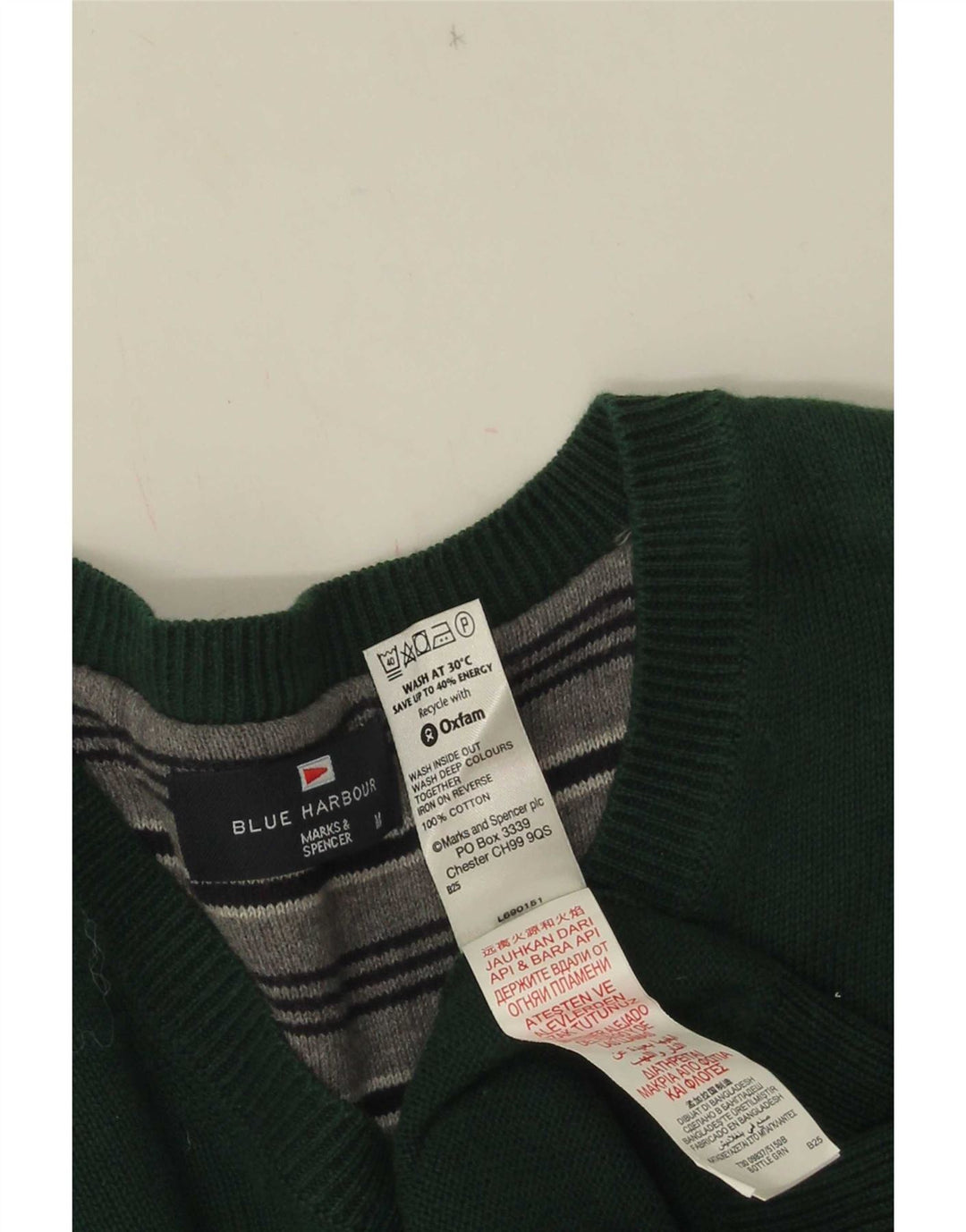 Marks & Spencer Męski sweter z dekoltem w kształcie litery V, niebieski, zielony, bawełniany
