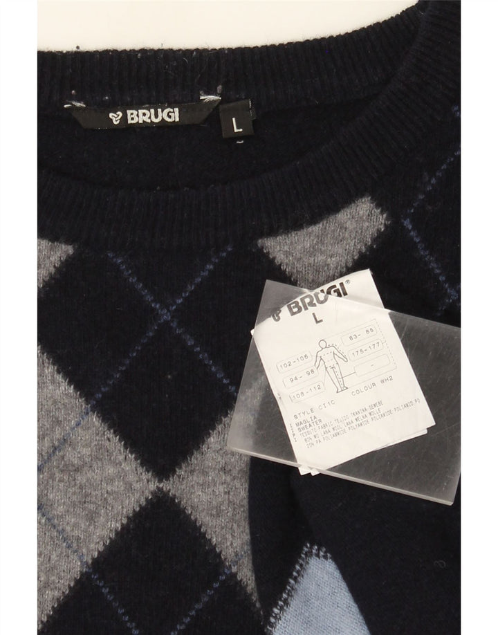 Męski sweter z wycięciem pod szyją Brugi, duży, granatowy, argyle/diamentowa wełna
