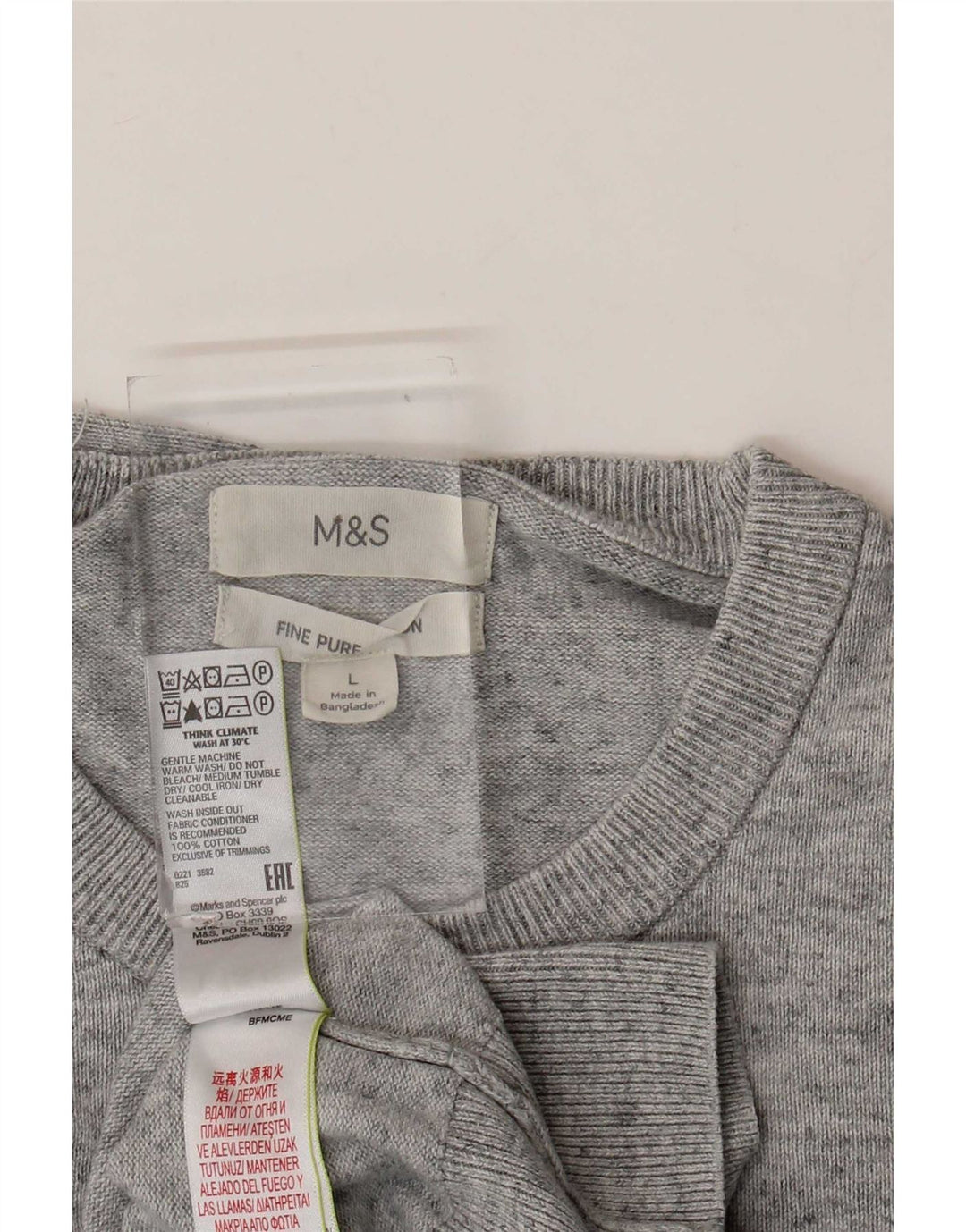 Marks & Spencer Męski sweter z okrągłym dekoltem, duży, szary, bawełniany w plamki