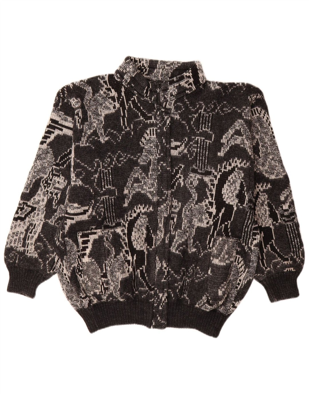 Sweter damski w stylu vintage, UK 18 XL, czarna, geometryczna wełna