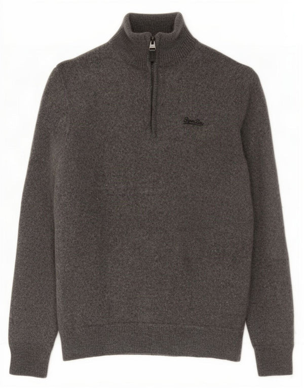Superdry Womens Zip Neck Jumper Sweater UK 12 Medium Grey Wool
