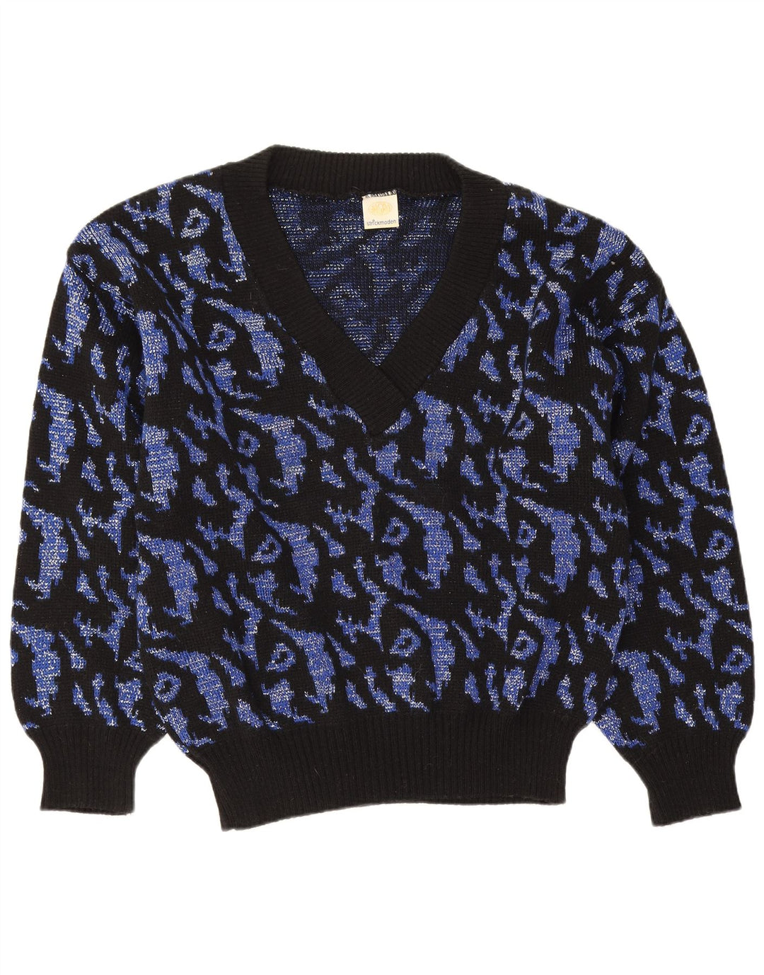 Sweter damski w stylu vintage z abstrakcyjnym wzorem i dekoltem w szpic UK 16, duży granatowy