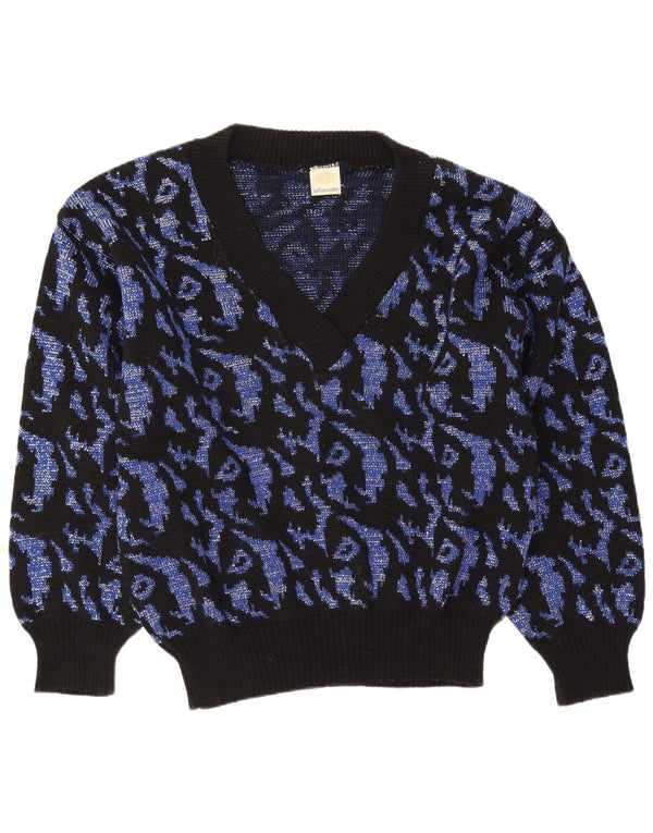 Sweter damski w stylu vintage z abstrakcyjnym wzorem i dekoltem w szpic UK 16, duży granatowy