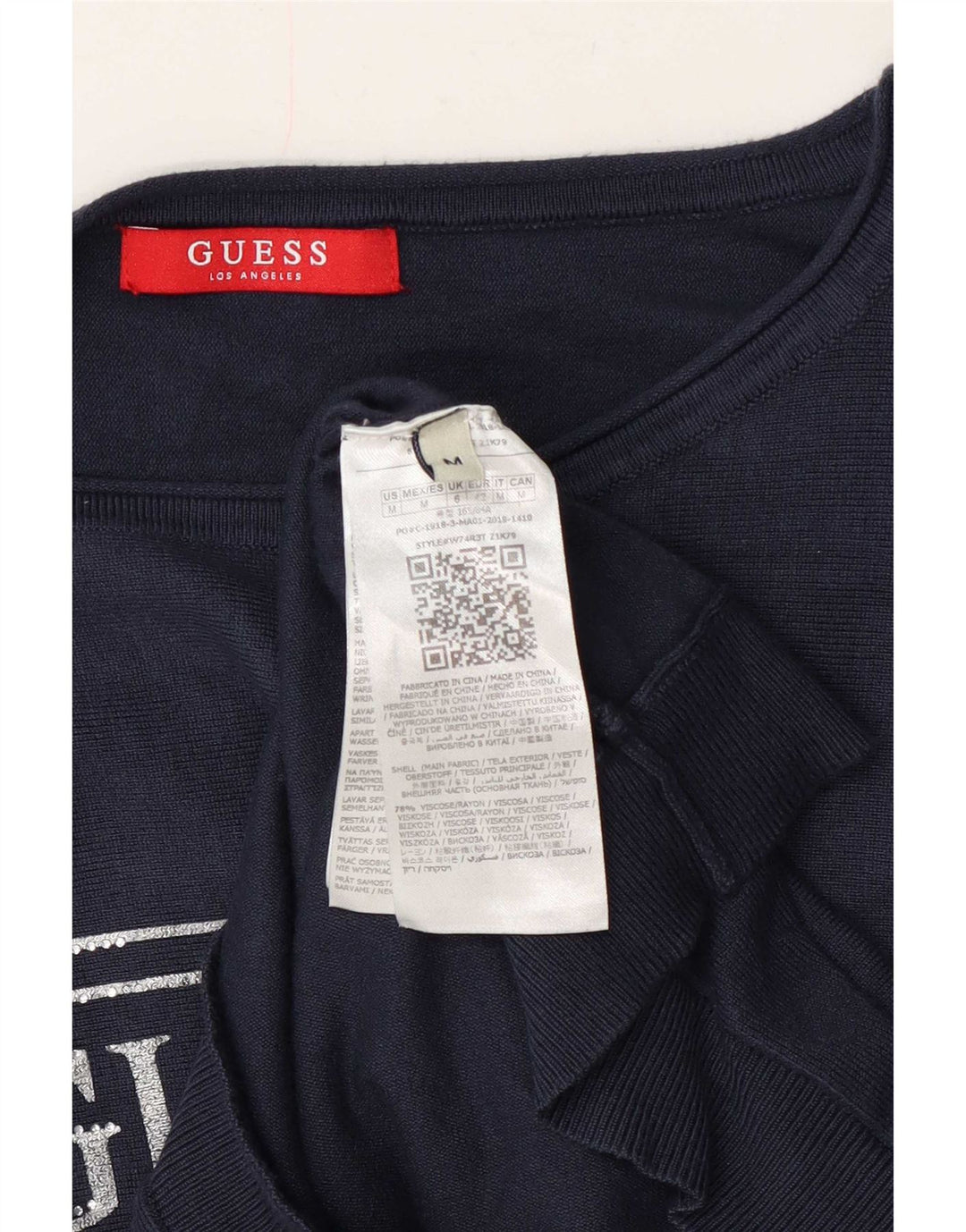 Damski sweter Guess z graficznym dekoltem w łódkę, UK 14, średni granatowy