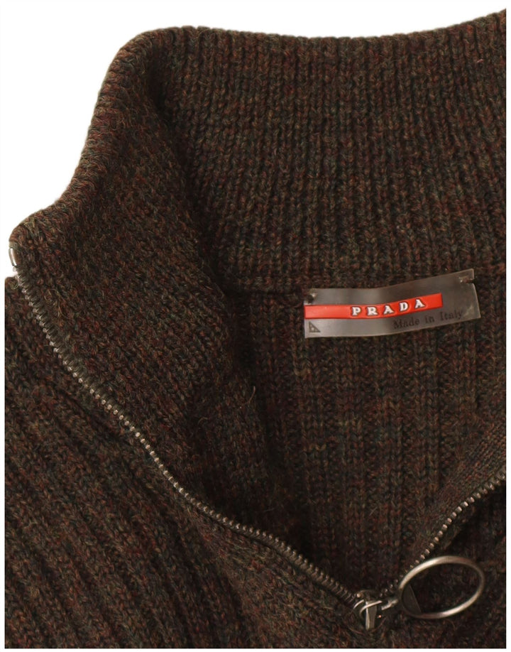 Damski sweter z zamkiem PRADA IT 48 XL, brązowa, dziewicza wełna