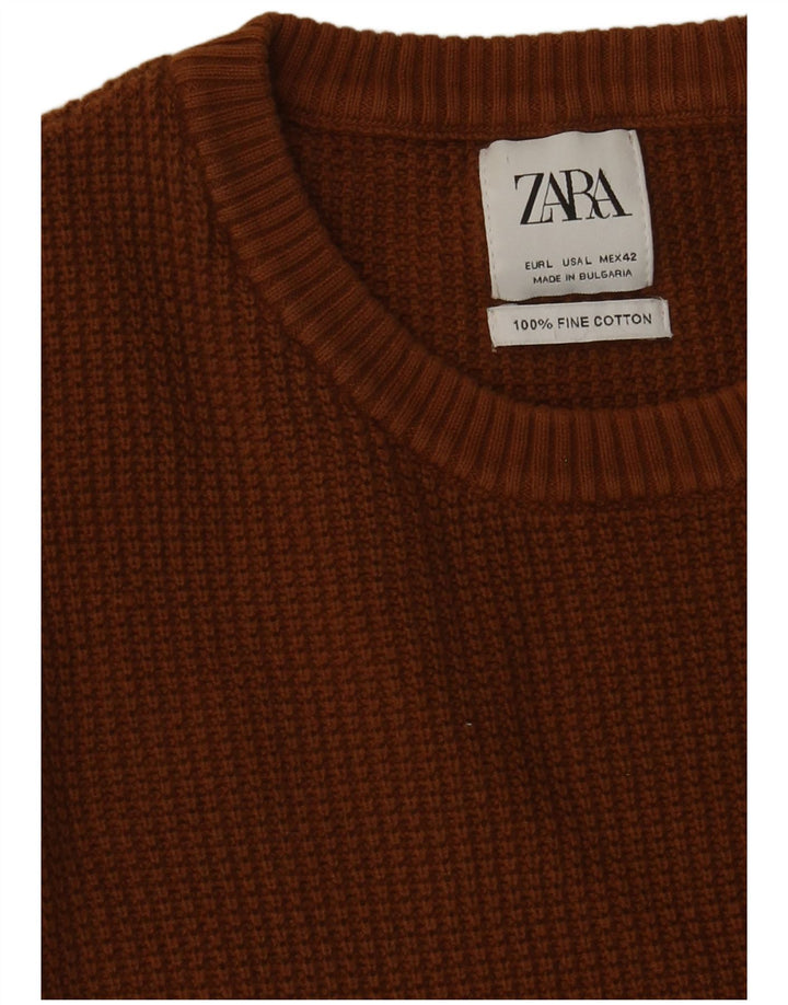 Męski sweter Zara z okrągłym dekoltem, duży, brązowy, bawełniany