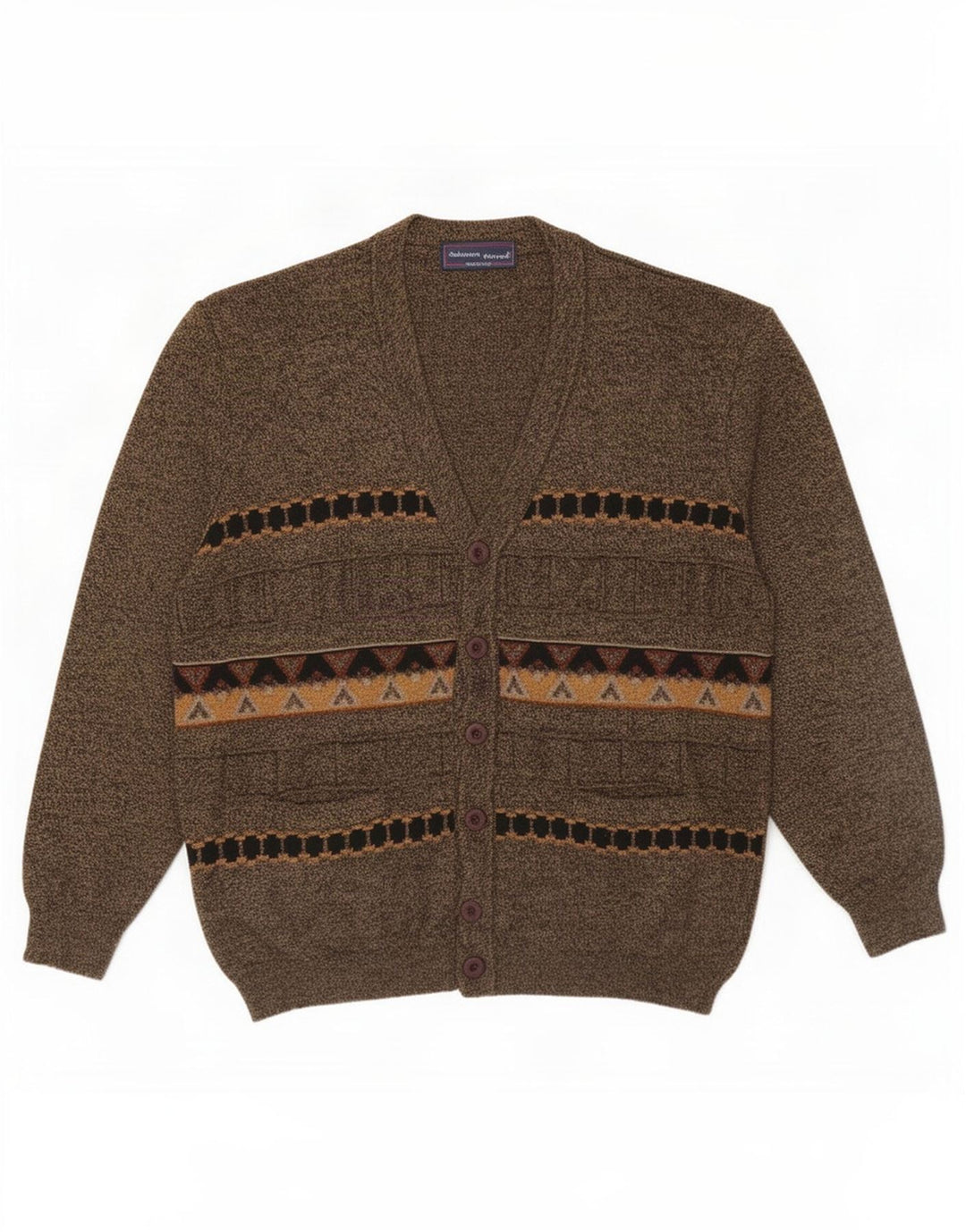 Sweter męski w stylu vintage, duży, brązowy, geometryczny, wełniany