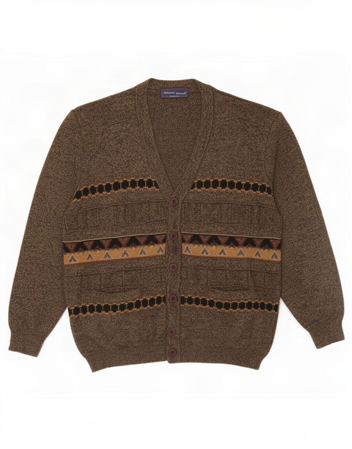 Sweter męski w stylu vintage, duży, brązowy, geometryczny, wełniany
