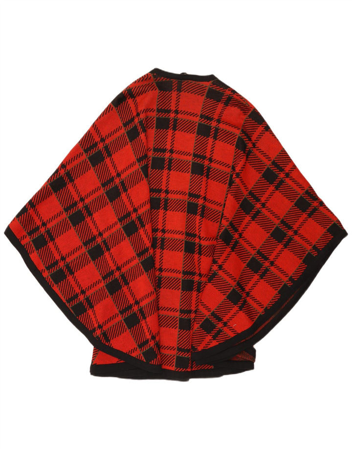 Vintage damski sweter rozpinany z peleryną, jeden rozmiar, czerwona wełna w kratkę