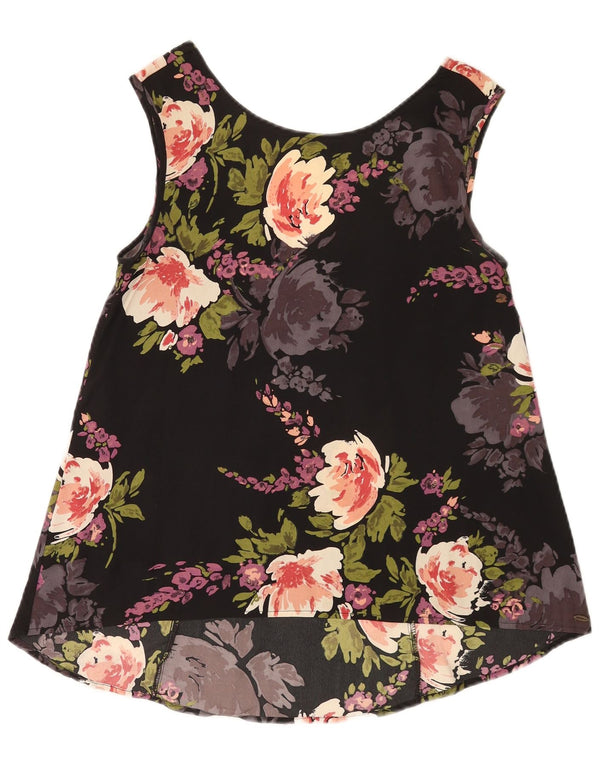 Damska bluzka bez rękawów w stylu vintage, krótka, UK 10, mała, czarna, w kwiaty